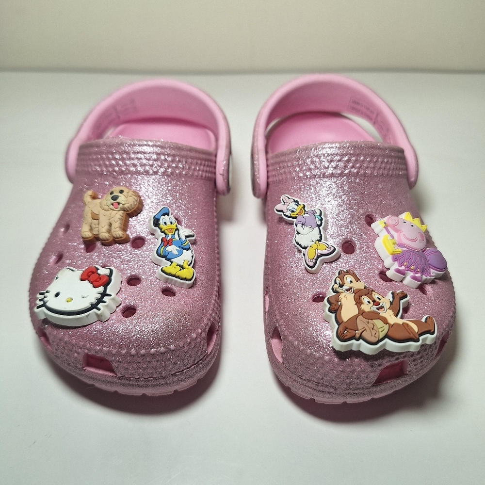 Toddler Crocs Classic Glitter Clog Pink Charms C7 Hello Kitty Disney Peppa Pig
